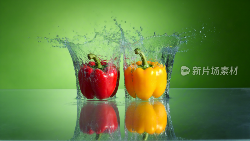 绿色背景彩椒入水溅起水花画面