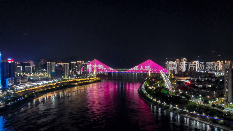 四川宜宾长江大桥夜景灯光 航拍图