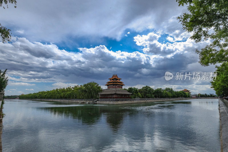 北京故宫红墙角楼河畔风景