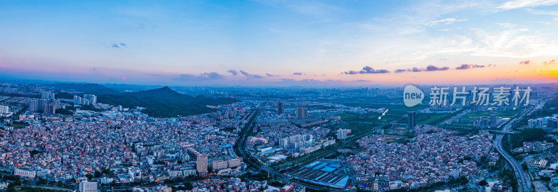 航拍广州番禺城市建筑景观夕阳晚霞全景长图