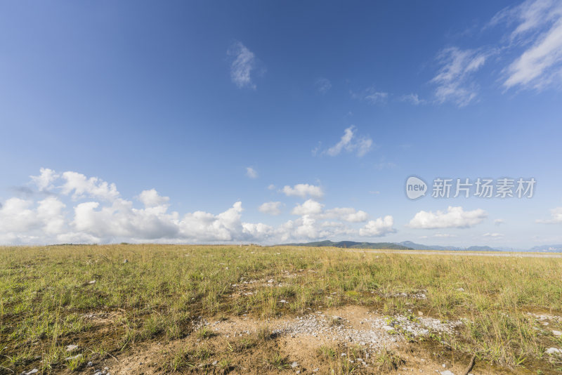 开阔草地蓝天白云的自然风景