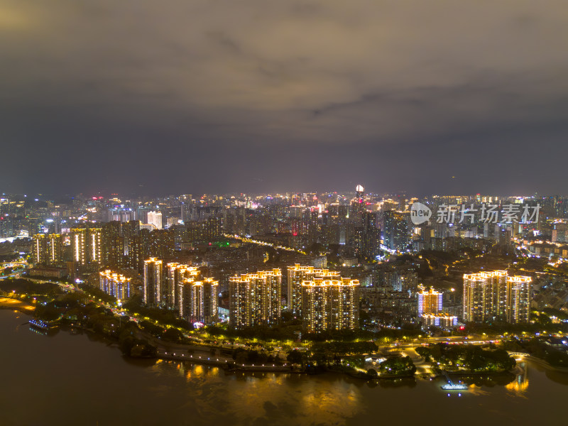 航拍福州城市夜景下与繁华立交桥及周边建筑