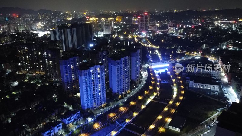 航拍广东省东莞市清溪镇夜景城市风光