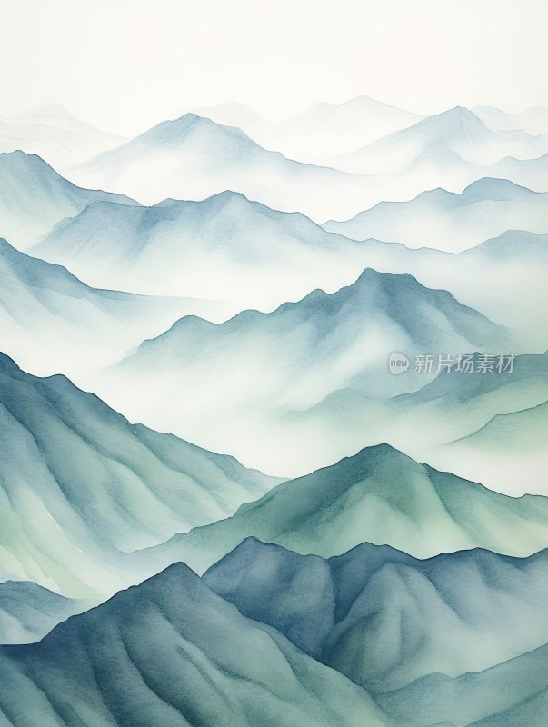 中国风水彩简约山水画