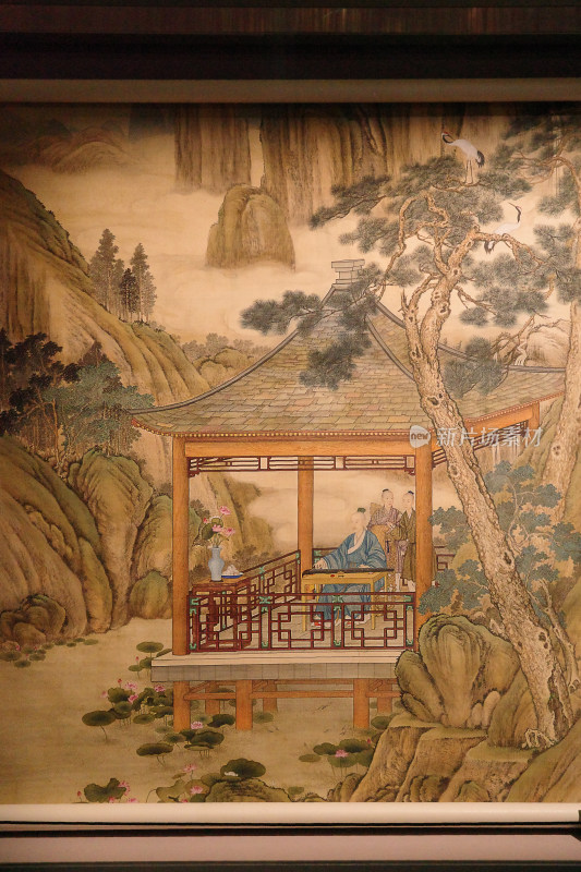 书画弘历观荷抚琴图轴