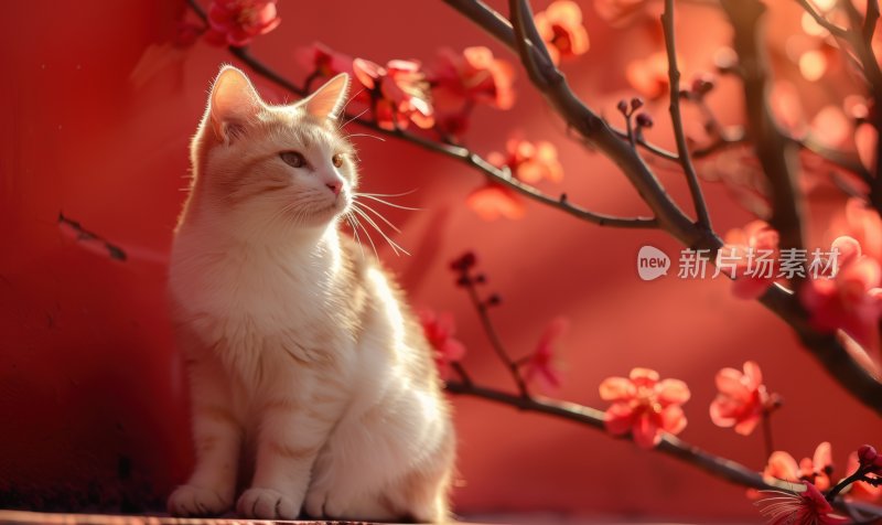 春日暖阳红墙白猫可爱猫咪晒太阳背景