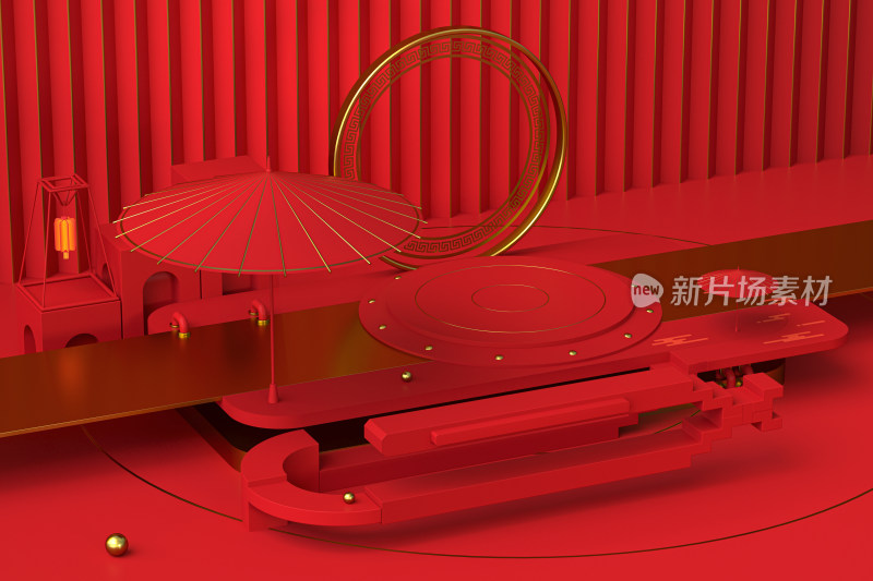 中国风红色创意展示台 3D渲染