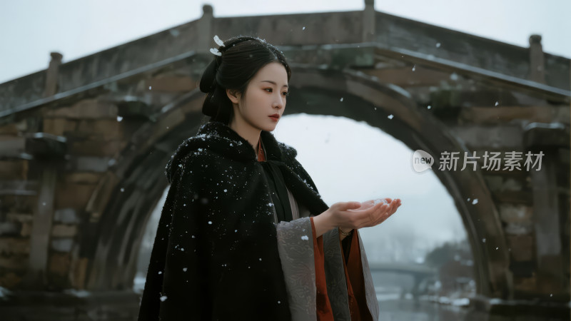 立冬古风女子雪中古桥唯美意境背景