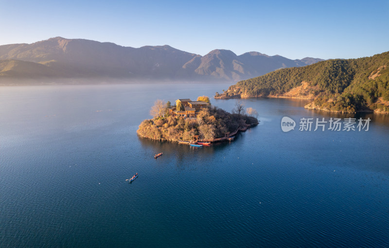 航拍云南泸沽湖王妃岛