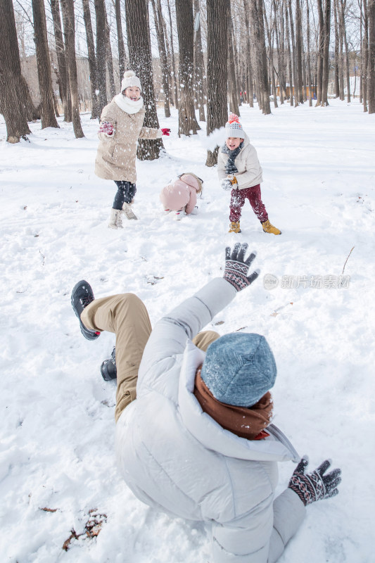 雪地里打雪仗的快乐家庭