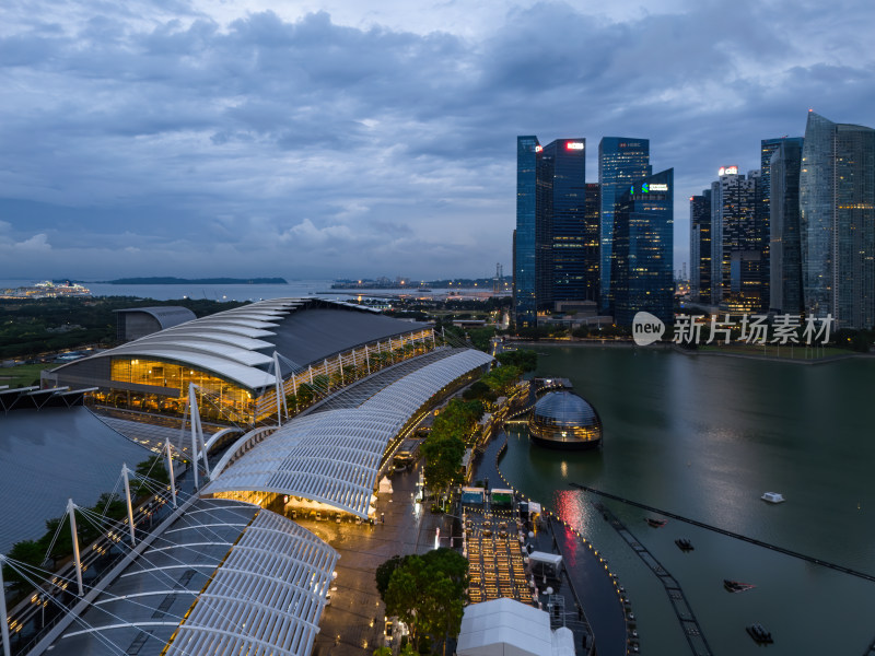 新加坡滨海湾金沙海滨奥林匹克蓝调夜景航拍