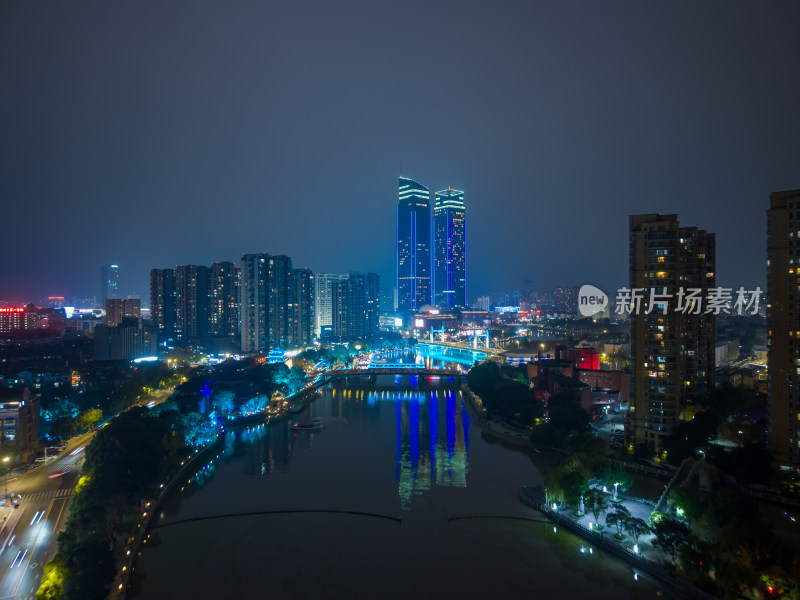 浙江湖州城市夜景航拍