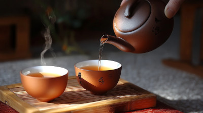 茶艺师在倒茶泡茶中国风禅茶一味茶杯紫砂壶