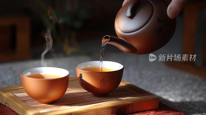 茶艺师在倒茶泡茶中国风禅茶一味茶杯紫砂壶