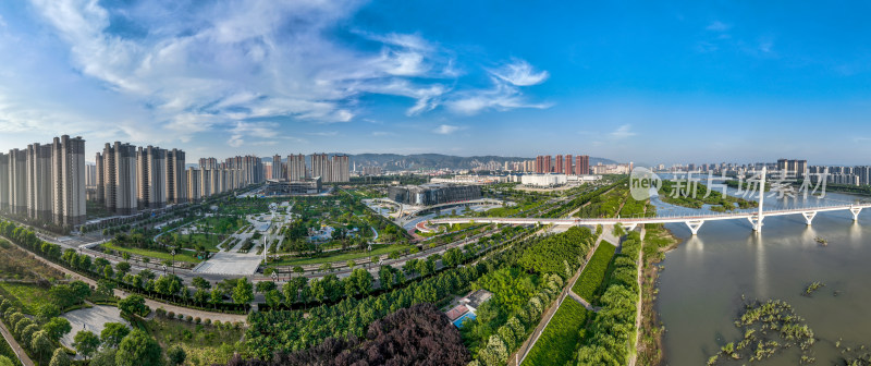 河南省宜阳县洛河两岸城市楼房天际线航拍