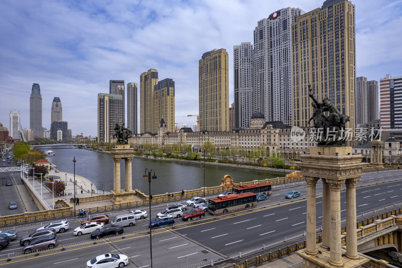 天津海河风景大光明桥城市建筑风光航拍