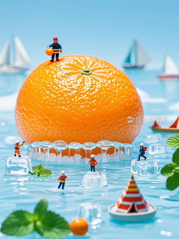 橘子冰块夏日微观小人摄影