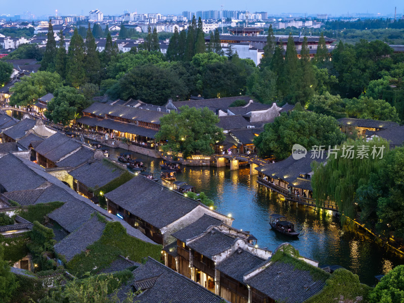 浙江嘉兴桐乡乌镇西栅景区江南水乡航拍夜景