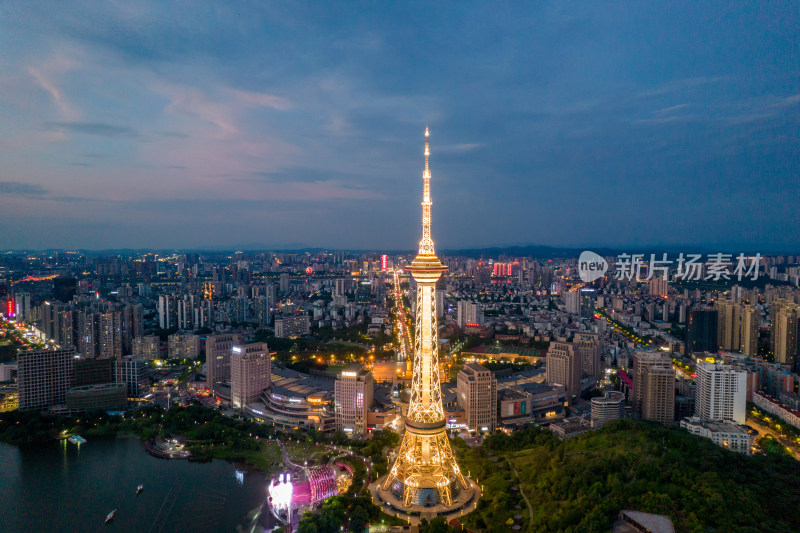 中国湖南省株洲市天元区神农塔夜景航拍