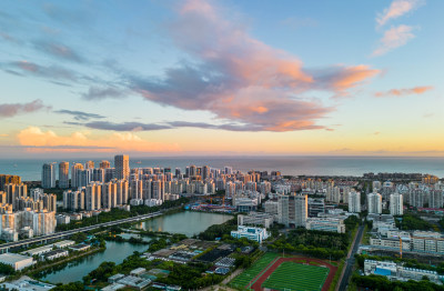 海南海口世纪大桥朝霞城市日出高视角航拍