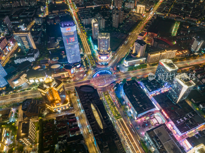 繁华都市夜景航拍十字路口全景