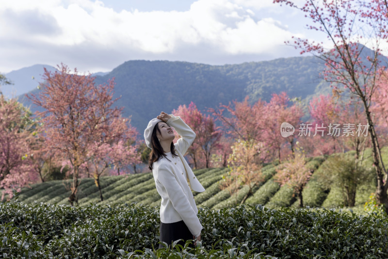 春天在樱花谷花海度假休闲的美女