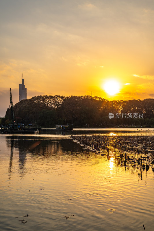 黄昏夕阳南京玄武湖城市建筑景观