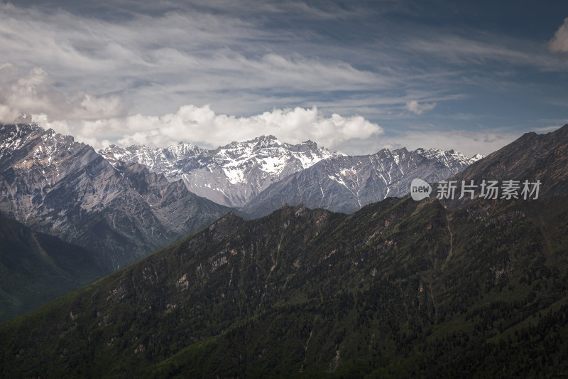 雪山下的茂密山林自然风景