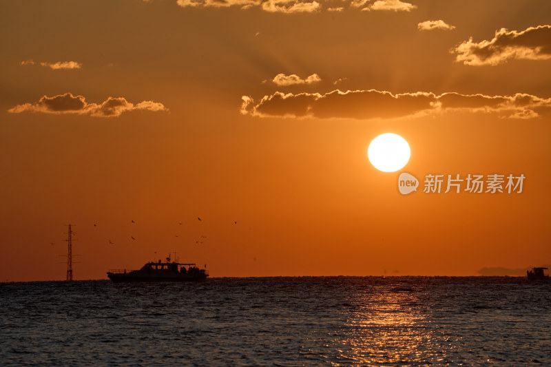 海上日落渔船飞鸟景象