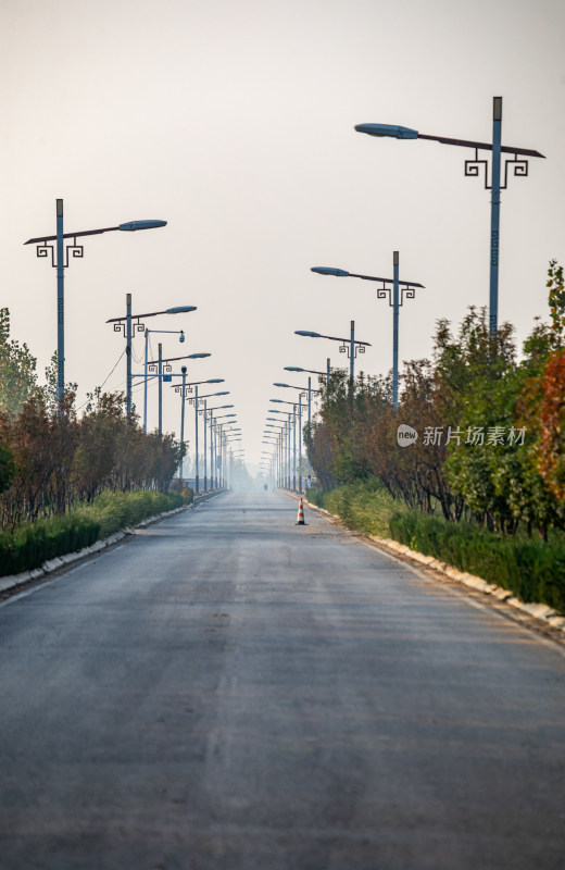 道路上整齐排列的中式路灯