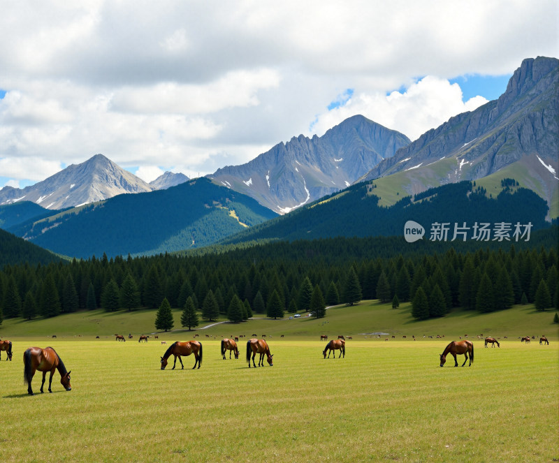 草原上的马群与远山风景