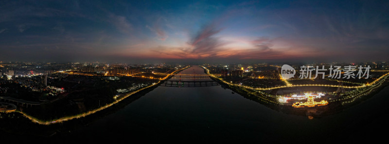 湖南湘潭城市晚霞夜幕降临航拍全景图