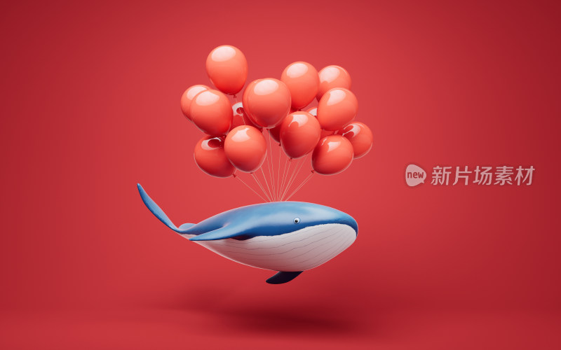 挂着气球的鲸鱼3D渲染