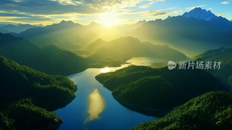 山河壮丽景观唯美绿色美丽湖泊河流太阳航拍