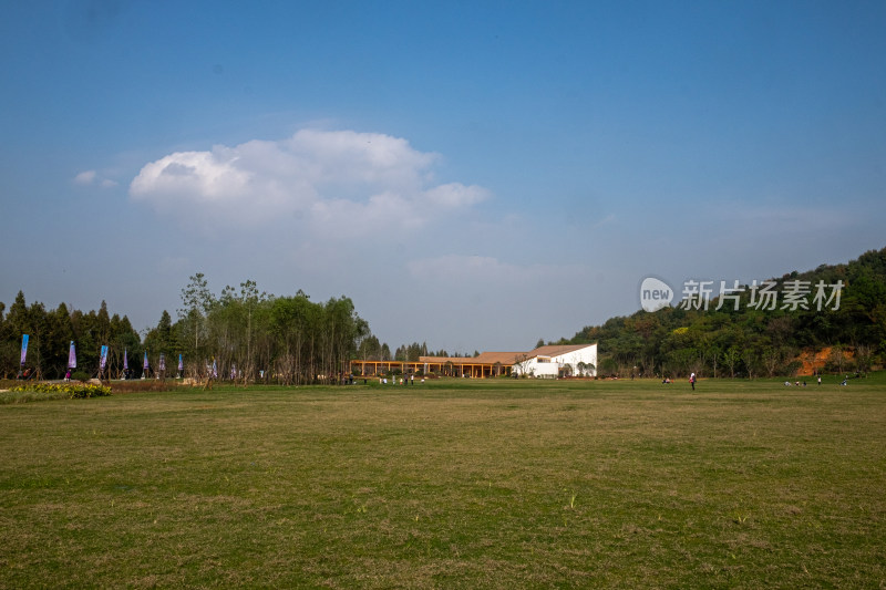 开阔草地上的特色建筑与周边树木景致