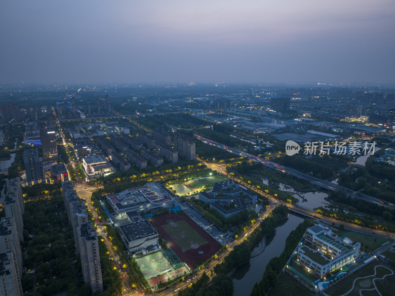 上海嘉定新城夜晚夜景航拍城市风光