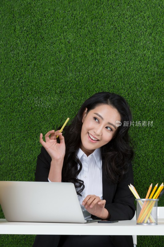 草地商务女性使用笔记本电脑