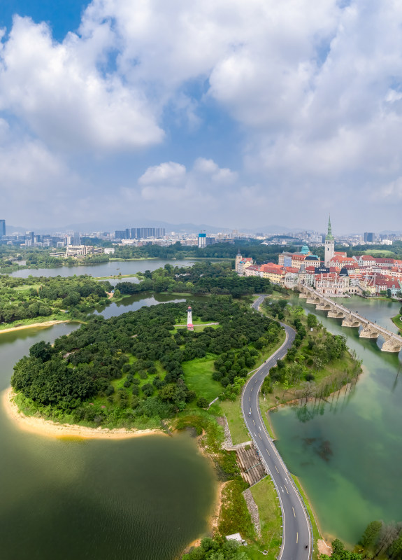 东莞松湖烟雨景区航拍