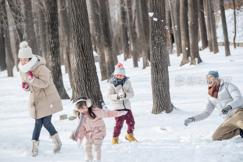 雪地里打雪仗的快乐家庭