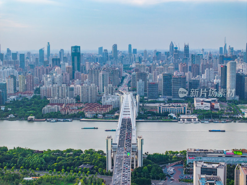 航拍上海现代都市陆家嘴城市天际线卢浦大桥