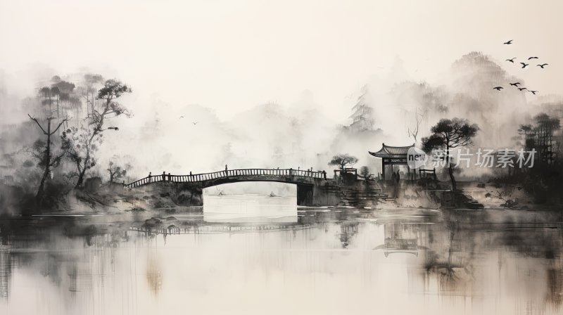 中国风水墨画，湖水和桥