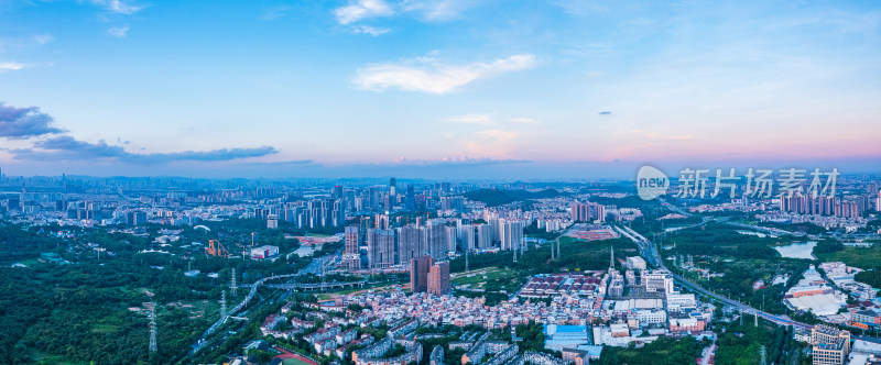 航拍广州番禺城市建筑景观夕阳晚霞全景长图