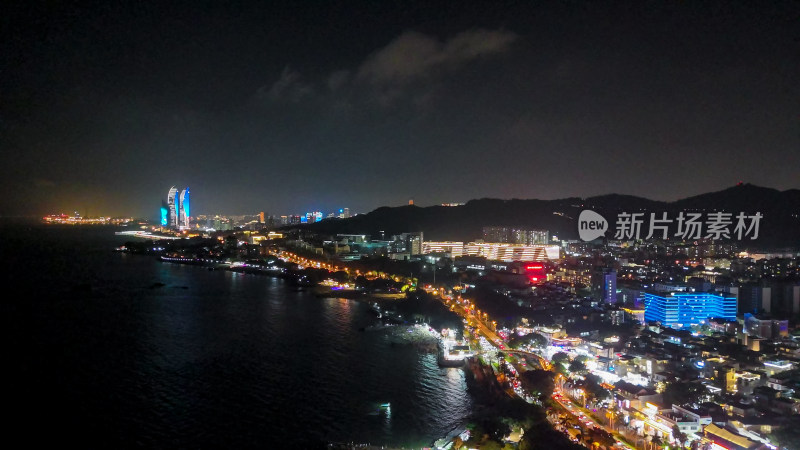 福建厦门城市环岛大道双子塔夜景航拍