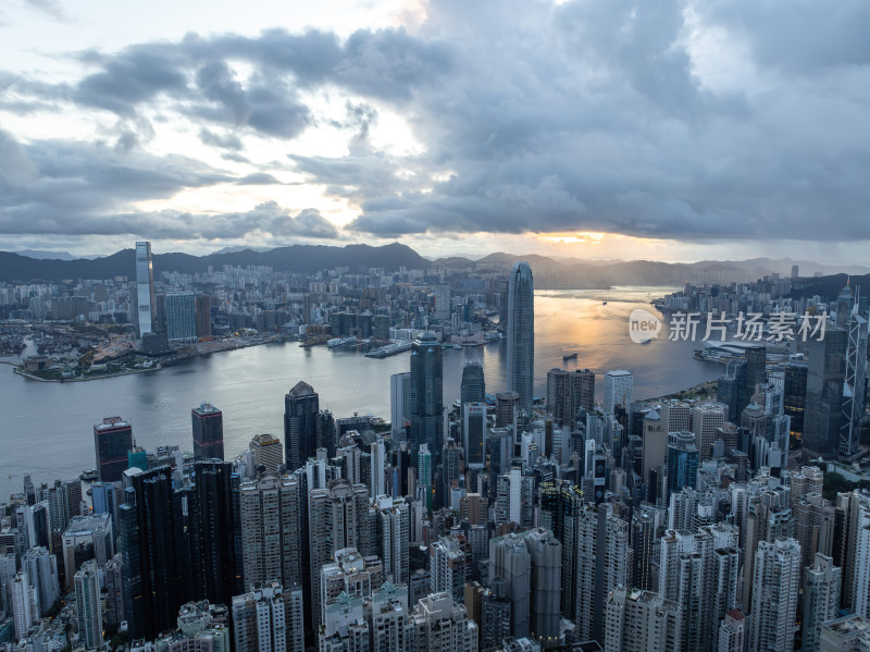 香港维多利亚港CBD中环夜景日出高空航拍