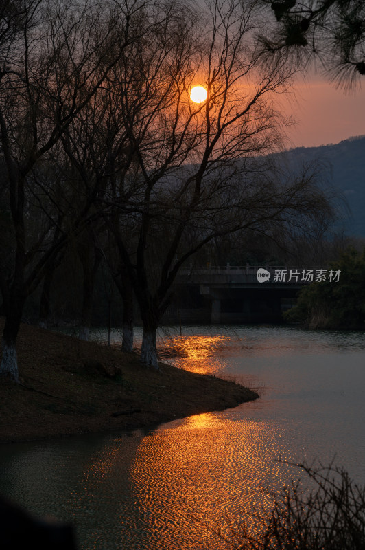 夕阳下河畔石桥与建筑景观