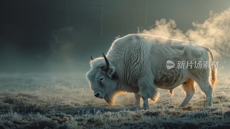一头雄壮白牦牛在晨雾缭绕的草甸上悠然自得