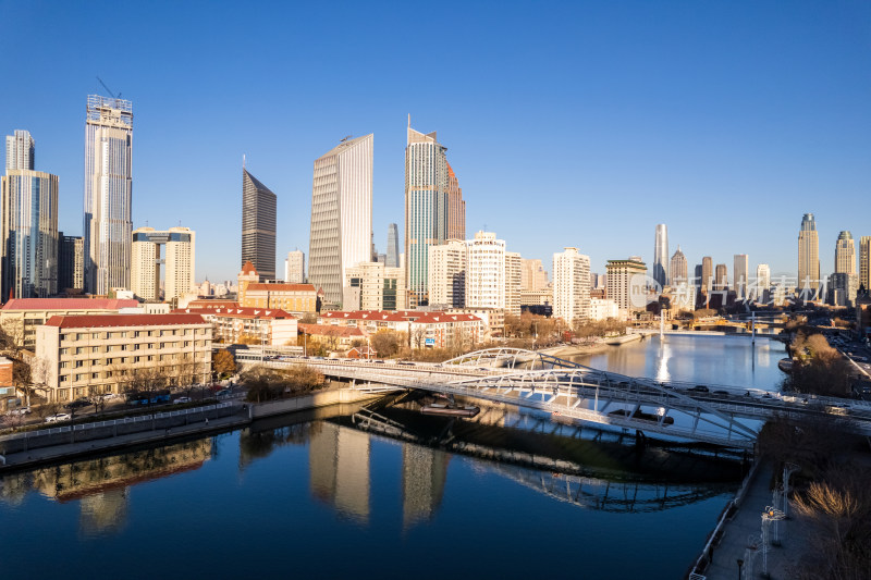 天津海河风景线小白楼商圈城市建筑风光航拍