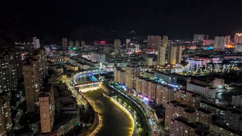 甘肃定西城市夜景灯光航拍图