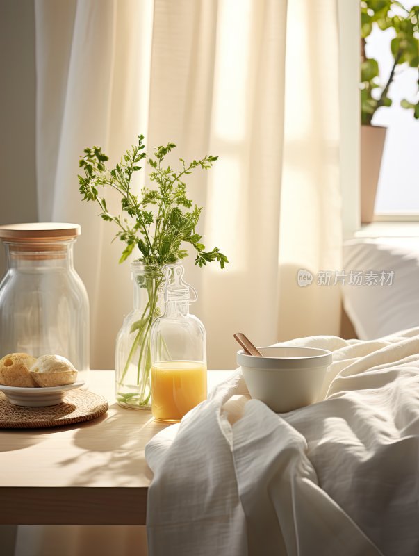 小清新家居场景台面窗帘和桌子上的绿植
