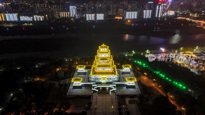 陕西宝鸡中华石鼓园石鼓阁夜景航拍图